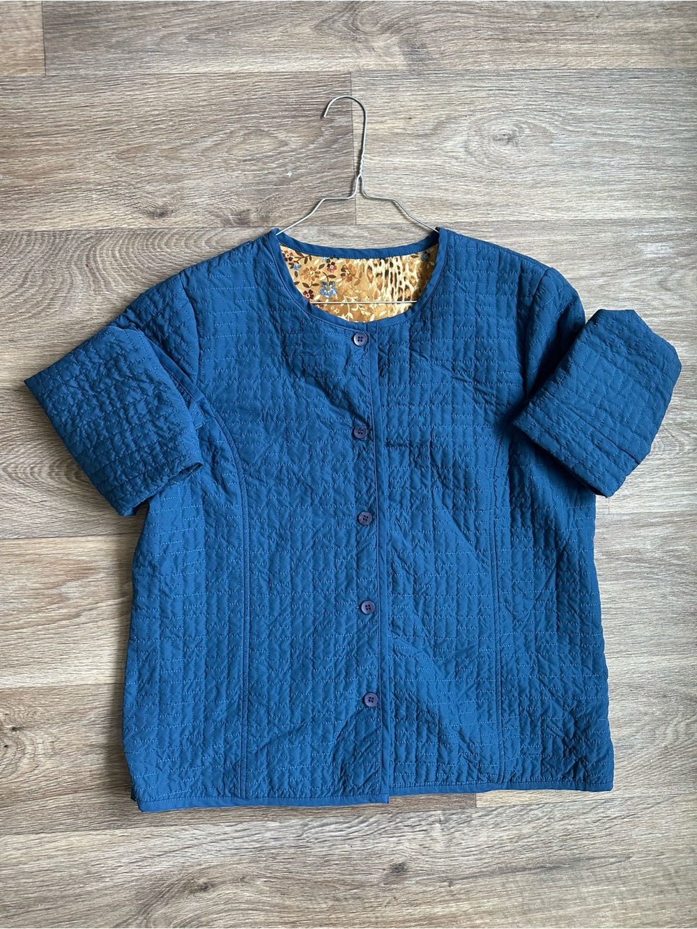 Vintage Quilted Jacket Blue Collarless Button Front Medium Boho